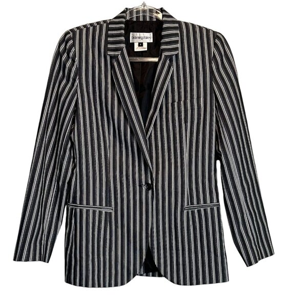 Bloomingdale's 6 Striped Collared One Button Blazer Black White Jacket - Picture 6 of 16